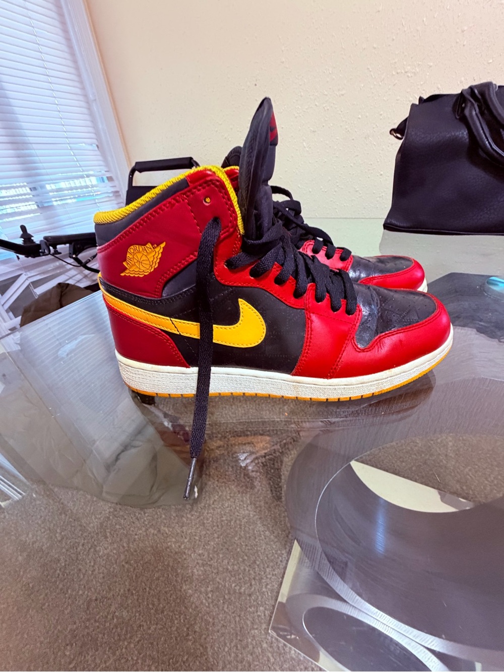 Jordan High-Top Sneakers in Red, Black & Yellow